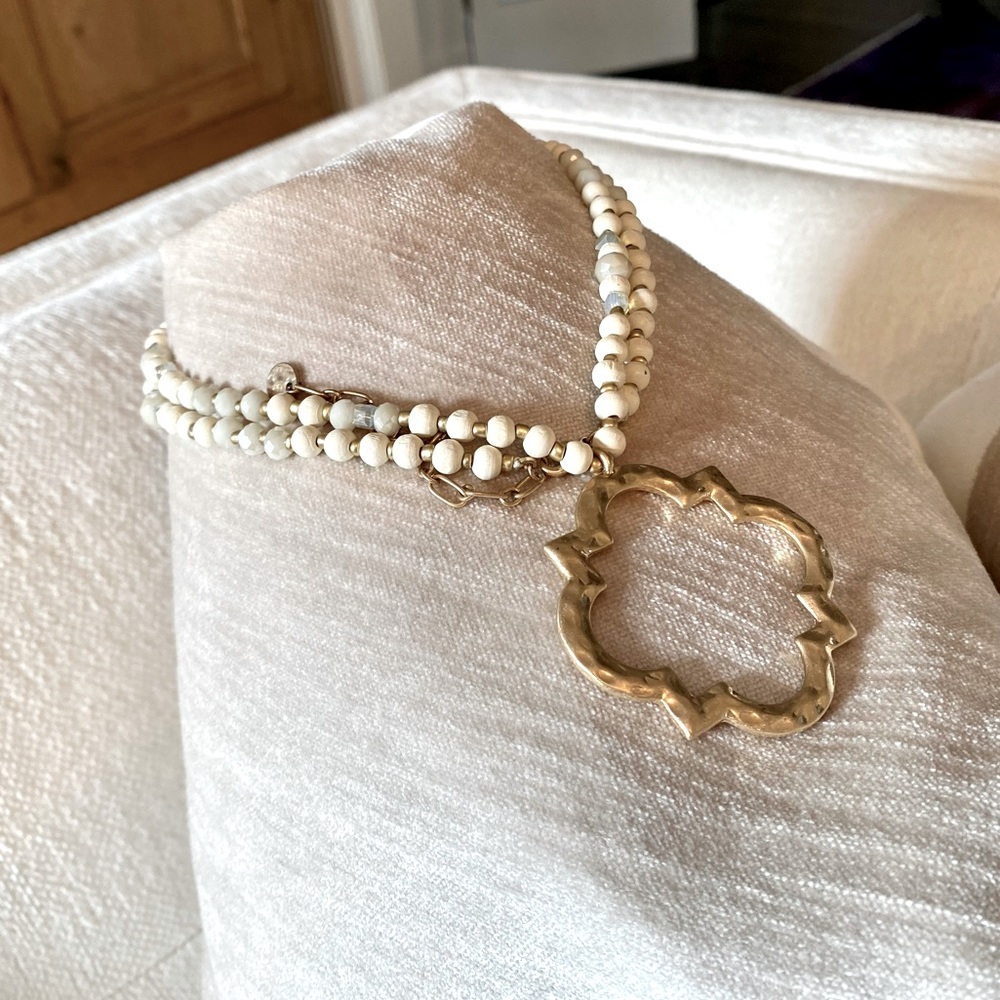 Plaster bead and faux gold pendant necklace